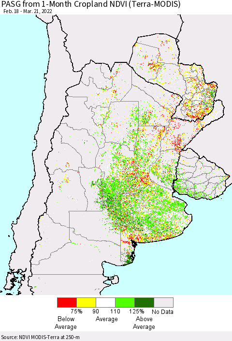 Southern South America PASG from 1-Month Cropland NDVI (Terra-MODIS) Thematic Map For 3/14/2022 - 3/21/2022