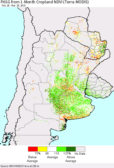 Southern South America PASG from 1-Month Cropland NDVI (Terra-MODIS) Thematic Map For 3/22/2022 - 3/29/2022