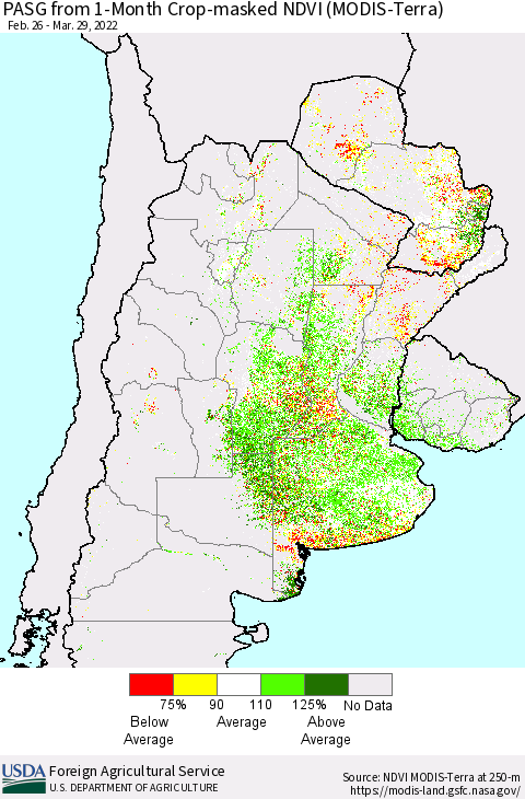 Southern South America PASG from 1-Month Cropland NDVI (Terra-MODIS) Thematic Map For 3/21/2022 - 3/31/2022