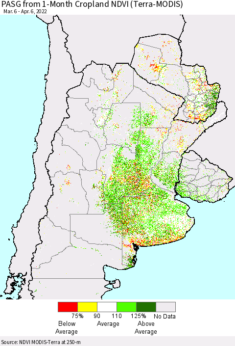 Southern South America PASG from 1-Month Cropland NDVI (Terra-MODIS) Thematic Map For 3/30/2022 - 4/6/2022