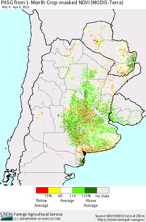 Southern South America PASG from 1-Month Cropland NDVI (Terra-MODIS) Thematic Map For 4/1/2022 - 4/10/2022