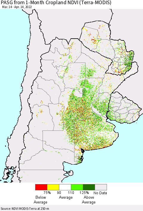 Southern South America PASG from 1-Month Cropland NDVI (Terra-MODIS) Thematic Map For 4/7/2022 - 4/14/2022