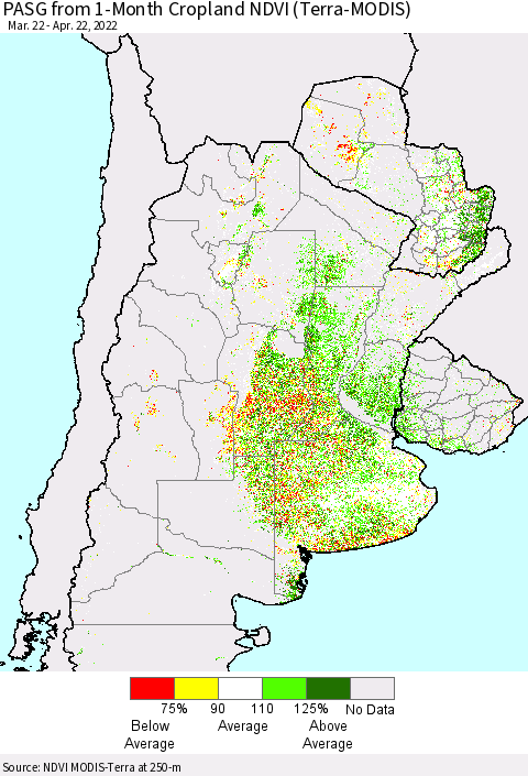Southern South America PASG from 1-Month Cropland NDVI (Terra-MODIS) Thematic Map For 4/15/2022 - 4/22/2022