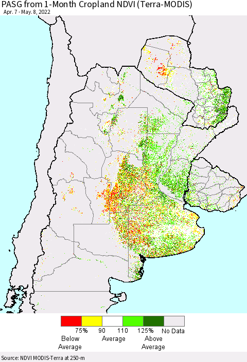 Southern South America PASG from 1-Month Cropland NDVI (Terra-MODIS) Thematic Map For 5/1/2022 - 5/8/2022