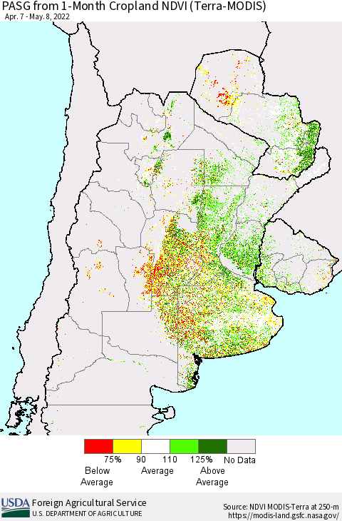 Southern South America PASG from 1-Month Cropland NDVI (Terra-MODIS) Thematic Map For 5/1/2022 - 5/10/2022
