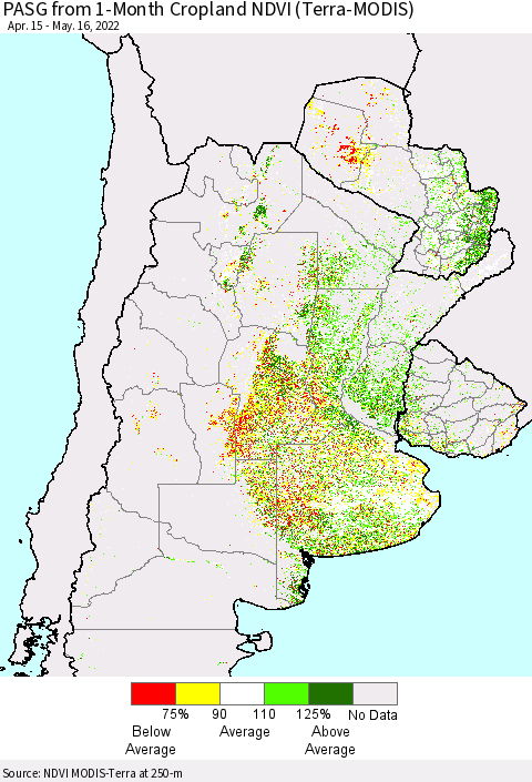 Southern South America PASG from 1-Month Cropland NDVI (Terra-MODIS) Thematic Map For 5/9/2022 - 5/16/2022