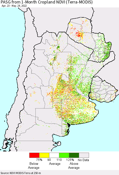 Southern South America PASG from 1-Month Cropland NDVI (Terra-MODIS) Thematic Map For 5/17/2022 - 5/24/2022