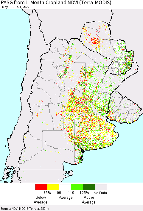 Southern South America PASG from 1-Month Cropland NDVI (Terra-MODIS) Thematic Map For 5/25/2022 - 6/1/2022