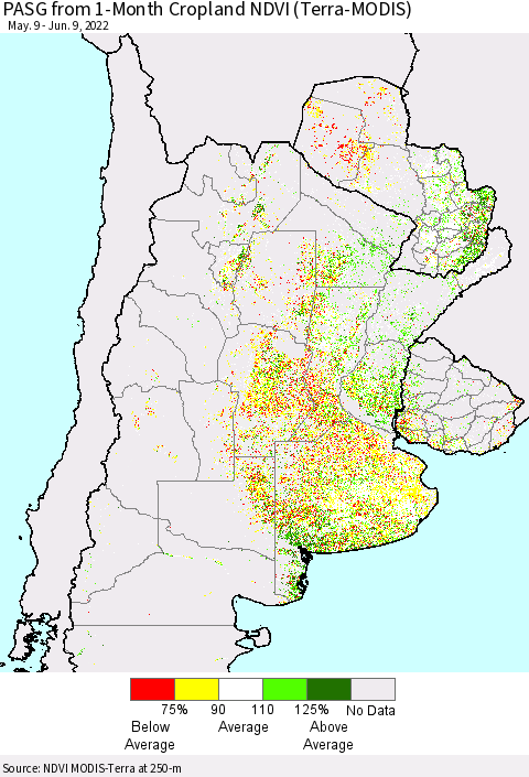 Southern South America PASG from 1-Month Cropland NDVI (Terra-MODIS) Thematic Map For 6/2/2022 - 6/9/2022
