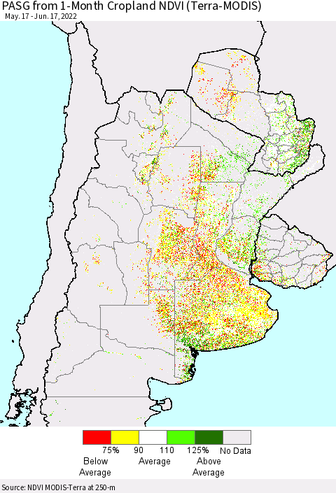 Southern South America PASG from 1-Month Cropland NDVI (Terra-MODIS) Thematic Map For 6/10/2022 - 6/17/2022
