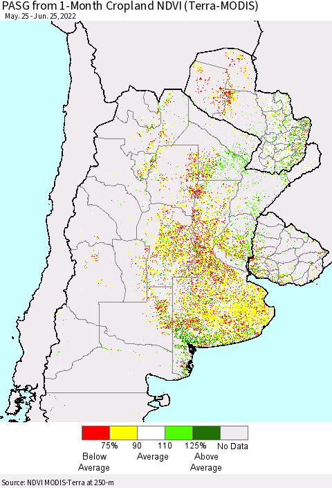 Southern South America PASG from 1-Month Cropland NDVI (Terra-MODIS) Thematic Map For 6/18/2022 - 6/25/2022