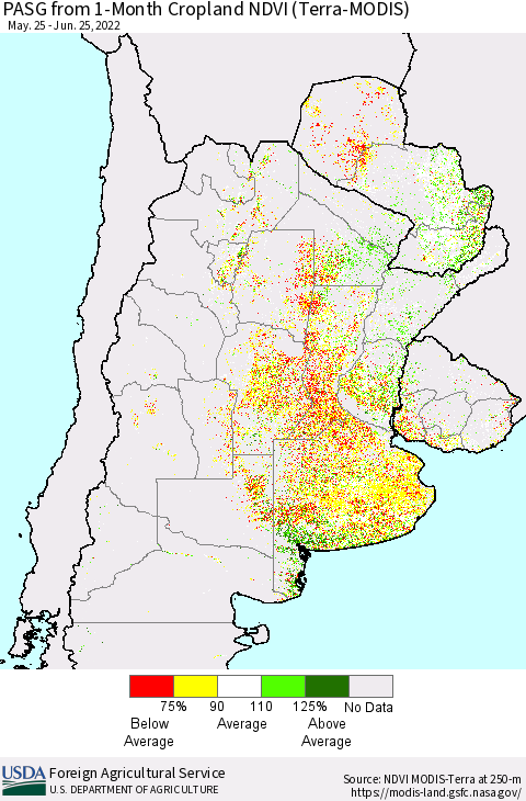 Southern South America PASG from 1-Month Cropland NDVI (Terra-MODIS) Thematic Map For 6/21/2022 - 6/30/2022