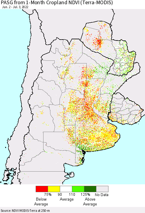 Southern South America PASG from 1-Month Cropland NDVI (Terra-MODIS) Thematic Map For 6/26/2022 - 7/3/2022