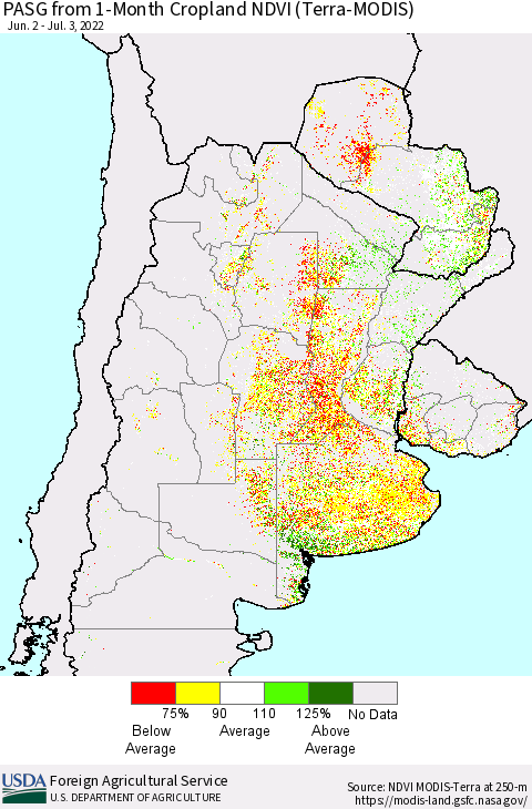 Southern South America PASG from 1-Month Cropland NDVI (Terra-MODIS) Thematic Map For 7/1/2022 - 7/10/2022