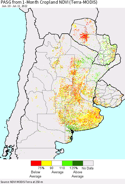 Southern South America PASG from 1-Month Cropland NDVI (Terra-MODIS) Thematic Map For 7/4/2022 - 7/11/2022