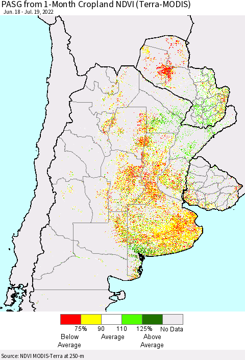 Southern South America PASG from 1-Month Cropland NDVI (Terra-MODIS) Thematic Map For 7/12/2022 - 7/19/2022