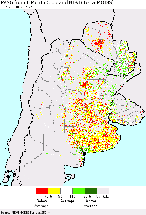 Southern South America PASG from 1-Month Cropland NDVI (Terra-MODIS) Thematic Map For 7/20/2022 - 7/27/2022