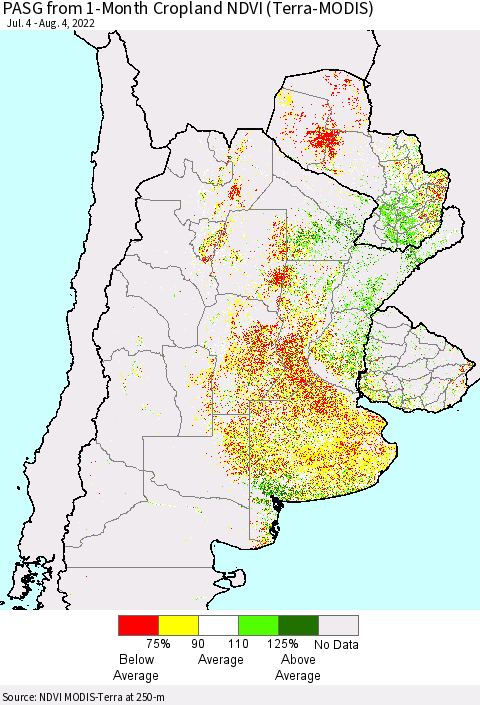 Southern South America PASG from 1-Month Cropland NDVI (Terra-MODIS) Thematic Map For 7/28/2022 - 8/4/2022