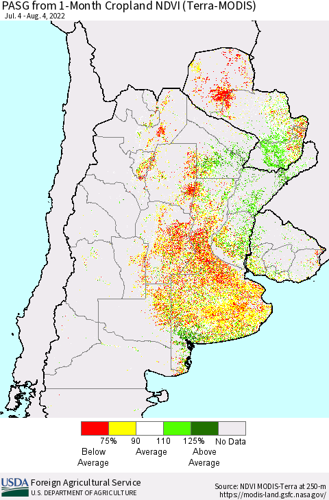 Southern South America PASG from 1-Month Cropland NDVI (Terra-MODIS) Thematic Map For 8/1/2022 - 8/10/2022