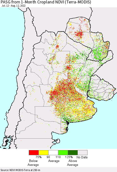 Southern South America PASG from 1-Month Cropland NDVI (Terra-MODIS) Thematic Map For 8/5/2022 - 8/12/2022
