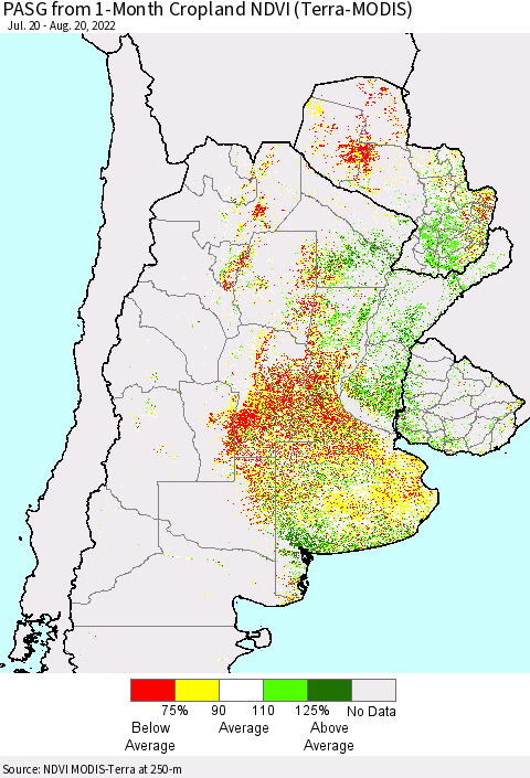 Southern South America PASG from 1-Month Cropland NDVI (Terra-MODIS) Thematic Map For 8/11/2022 - 8/20/2022