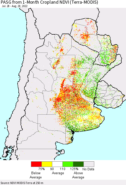Southern South America PASG from 1-Month Cropland NDVI (Terra-MODIS) Thematic Map For 8/21/2022 - 8/28/2022