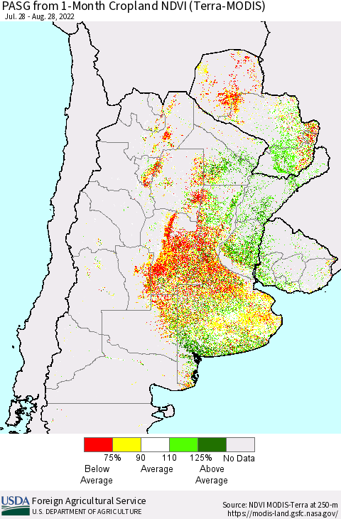 Southern South America PASG from 1-Month Cropland NDVI (Terra-MODIS) Thematic Map For 8/21/2022 - 8/31/2022