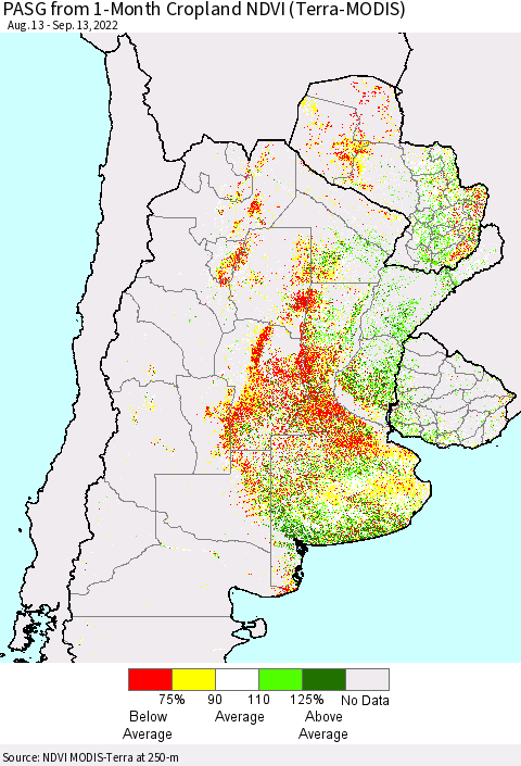 Southern South America PASG from 1-Month Cropland NDVI (Terra-MODIS) Thematic Map For 9/6/2022 - 9/13/2022