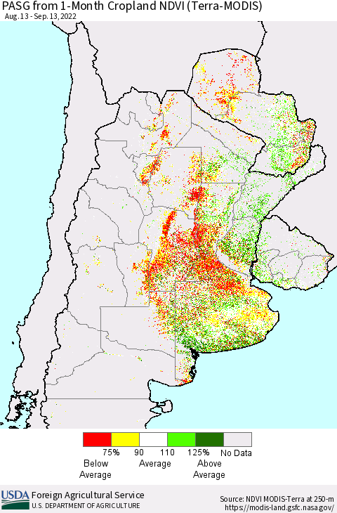 Southern South America PASG from 1-Month Cropland NDVI (Terra-MODIS) Thematic Map For 9/11/2022 - 9/20/2022