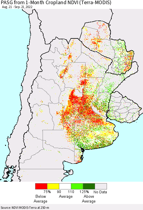 Southern South America PASG from 1-Month Cropland NDVI (Terra-MODIS) Thematic Map For 9/14/2022 - 9/21/2022