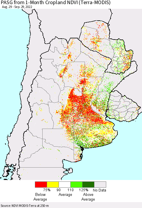 Southern South America PASG from 1-Month Cropland NDVI (Terra-MODIS) Thematic Map For 9/22/2022 - 9/29/2022