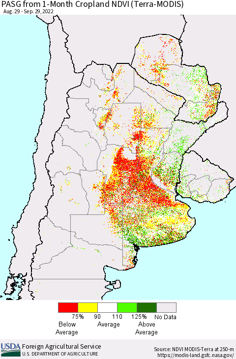 Southern South America PASG from 1-Month Cropland NDVI (Terra-MODIS) Thematic Map For 9/21/2022 - 9/30/2022