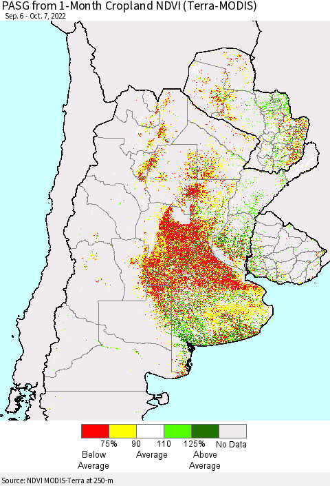 Southern South America PASG from 1-Month Cropland NDVI (Terra-MODIS) Thematic Map For 9/30/2022 - 10/7/2022