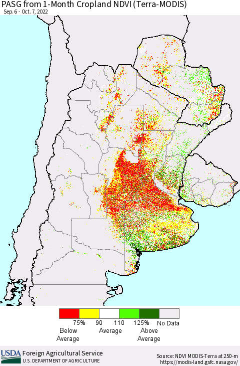 Southern South America PASG from 1-Month Cropland NDVI (Terra-MODIS) Thematic Map For 10/1/2022 - 10/10/2022