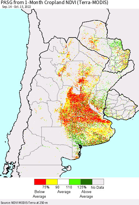 Southern South America PASG from 1-Month Cropland NDVI (Terra-MODIS) Thematic Map For 10/8/2022 - 10/15/2022