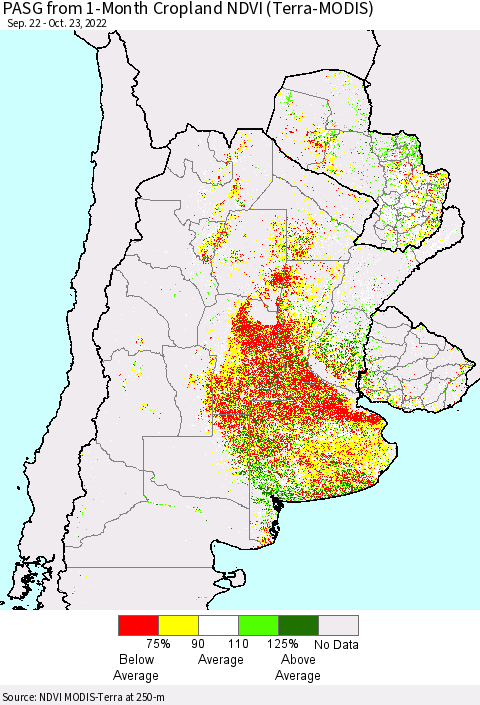 Southern South America PASG from 1-Month Cropland NDVI (Terra-MODIS) Thematic Map For 10/16/2022 - 10/23/2022