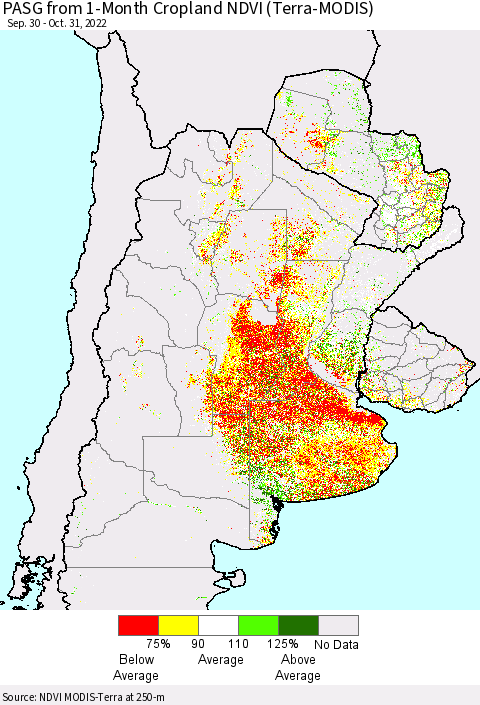 Southern South America PASG from 1-Month Cropland NDVI (Terra-MODIS) Thematic Map For 10/21/2022 - 10/31/2022