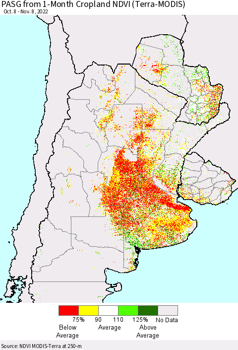 Southern South America PASG from 1-Month Cropland NDVI (Terra-MODIS) Thematic Map For 11/1/2022 - 11/8/2022