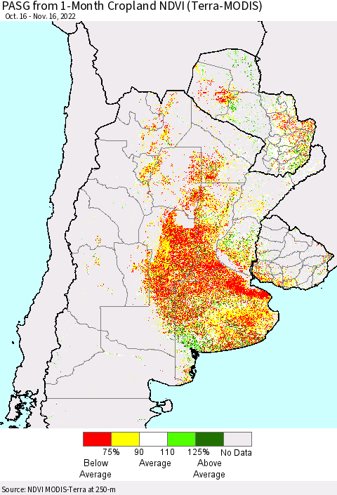Southern South America PASG from 1-Month Cropland NDVI (Terra-MODIS) Thematic Map For 11/9/2022 - 11/16/2022
