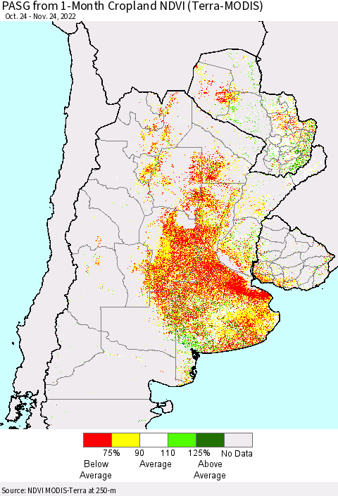 Southern South America PASG from 1-Month Cropland NDVI (Terra-MODIS) Thematic Map For 11/17/2022 - 11/24/2022