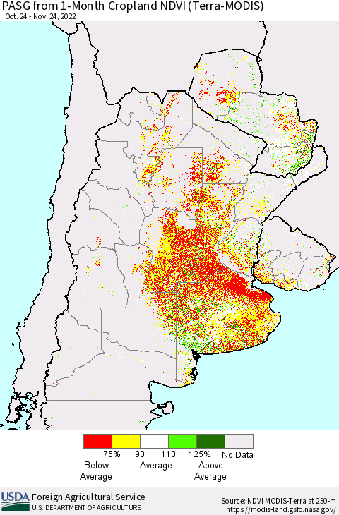 Southern South America PASG from 1-Month Cropland NDVI (Terra-MODIS) Thematic Map For 11/21/2022 - 11/30/2022