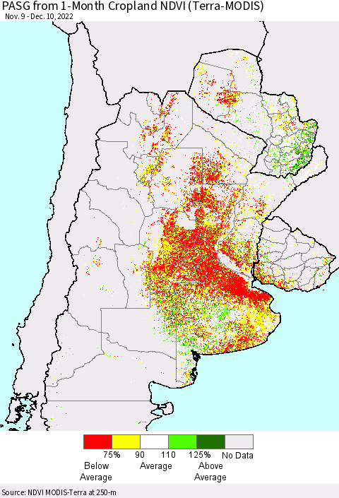 Southern South America PASG from 1-Month Cropland NDVI (Terra-MODIS) Thematic Map For 12/1/2022 - 12/10/2022