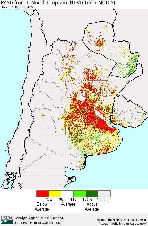 Southern South America PASG from 1-Month Cropland NDVI (Terra-MODIS) Thematic Map For 12/11/2022 - 12/20/2022