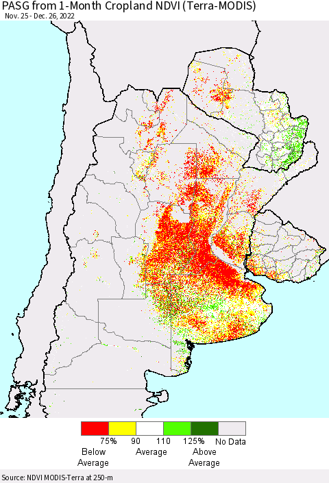 Southern South America PASG from 1-Month Cropland NDVI (Terra-MODIS) Thematic Map For 12/19/2022 - 12/26/2022