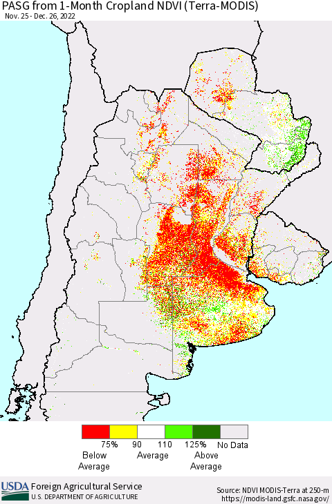 Southern South America PASG from 1-Month Cropland NDVI (Terra-MODIS) Thematic Map For 12/21/2022 - 12/31/2022