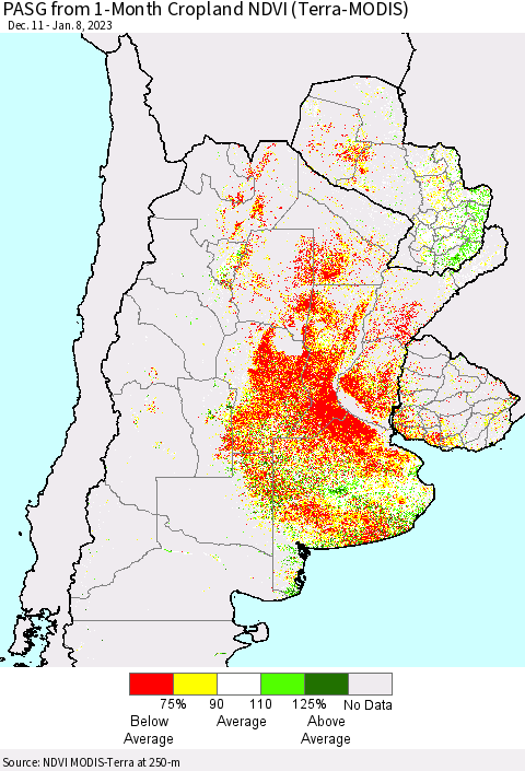 Southern South America PASG from 1-Month Cropland NDVI (Terra-MODIS) Thematic Map For 1/1/2023 - 1/8/2023
