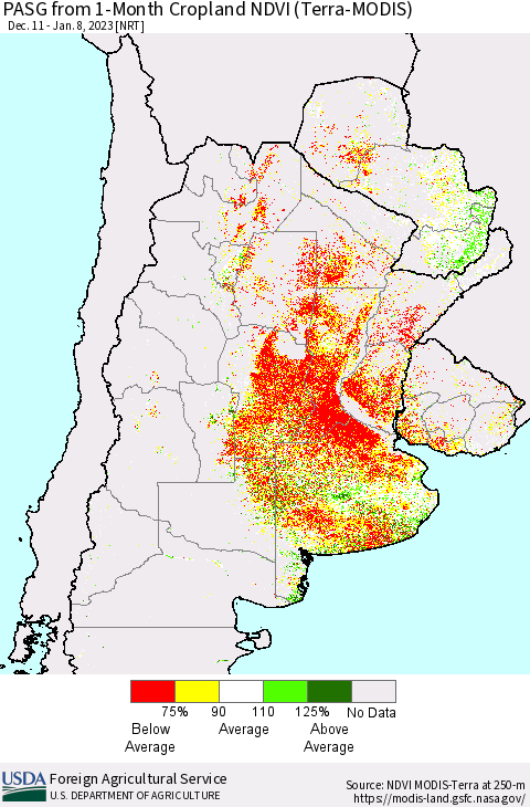 Southern South America PASG from 1-Month Cropland NDVI (Terra-MODIS) Thematic Map For 1/1/2023 - 1/10/2023