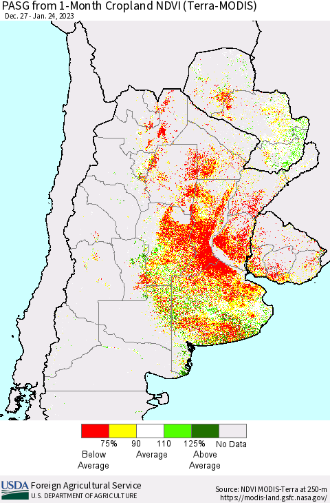 Southern South America PASG from 1-Month Cropland NDVI (Terra-MODIS) Thematic Map For 1/21/2023 - 1/31/2023