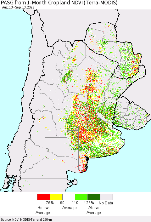 Southern South America PASG from 1-Month Cropland NDVI (Terra-MODIS) Thematic Map For 9/6/2023 - 9/13/2023