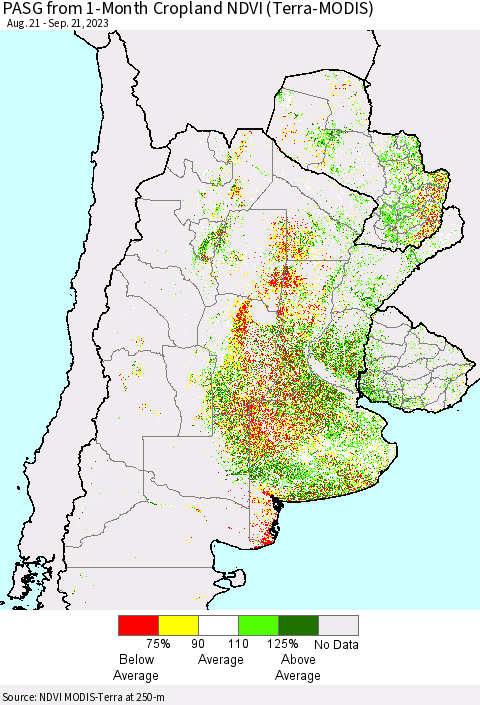 Southern South America PASG from 1-Month Cropland NDVI (Terra-MODIS) Thematic Map For 9/14/2023 - 9/21/2023